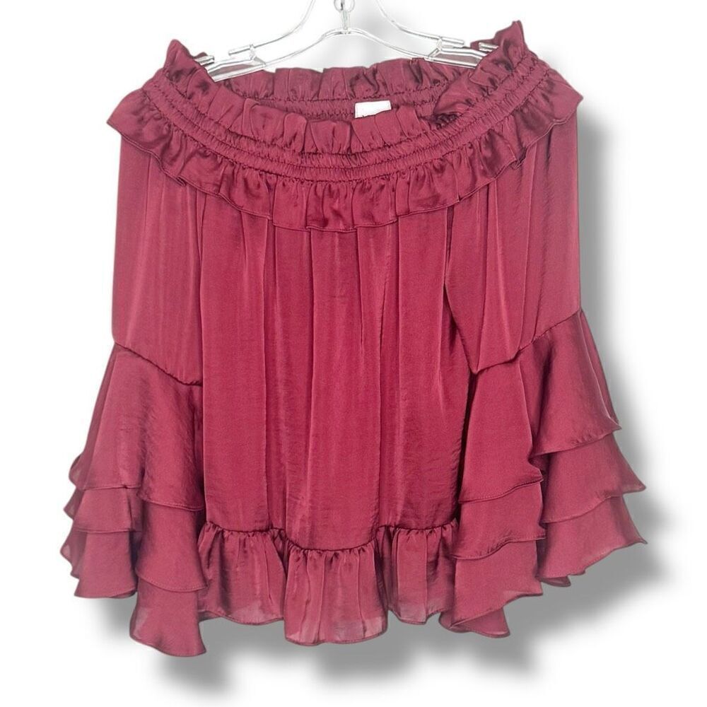 MISA Los Angeles Saskayi Off Shoulder Long Sleeve Tiered Ruffle Burgundy Blouse